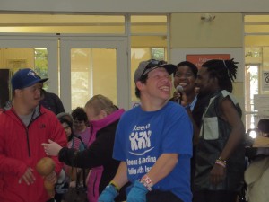 Band interacting with spectators and singing